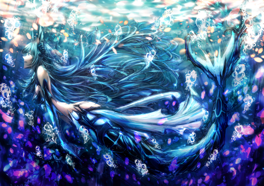 1girl, absurdres, adhesive_bra, ankle_fins, aqua_hair, arm_fins, bare_shoulders, bra