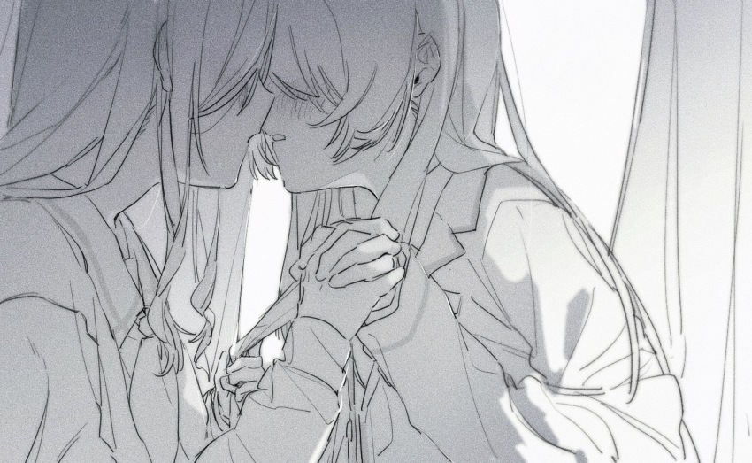 2girls, bang_dream!, bang_dream!_it's_mygo!!!!!, blush, chihaya_anon, clothes_grab, haneoka_school_uniform, imminent_kiss