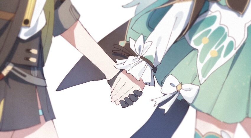 2girls, black_gloves, black_jacket, black_skirt, blurry, firefly_(honkai:_star_rail), gloves, green_skirt