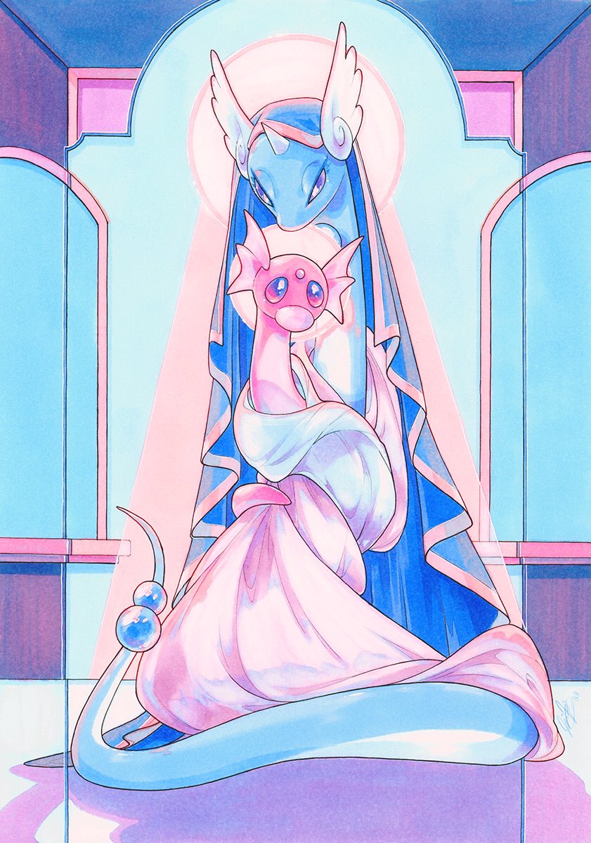 alternate_color, animal_focus, bead_tail_ornament, blue_eyes, blue_veil, christianity, dragon, dragonair