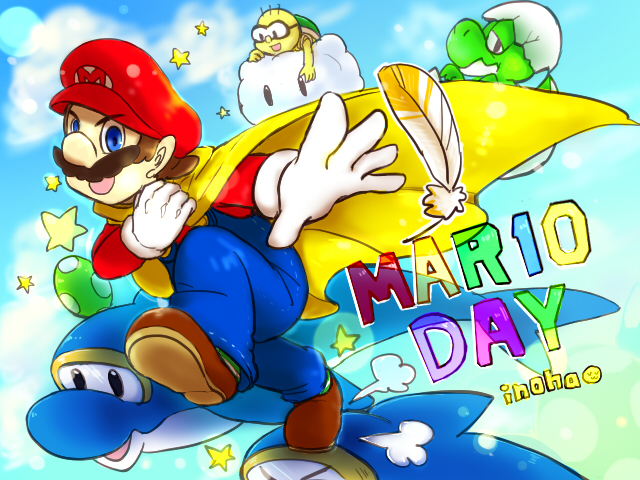 1boy, baby_yoshi, blue_eyes, brown_hair, cape_mario, day, dinosaur, dolphin_(mario)