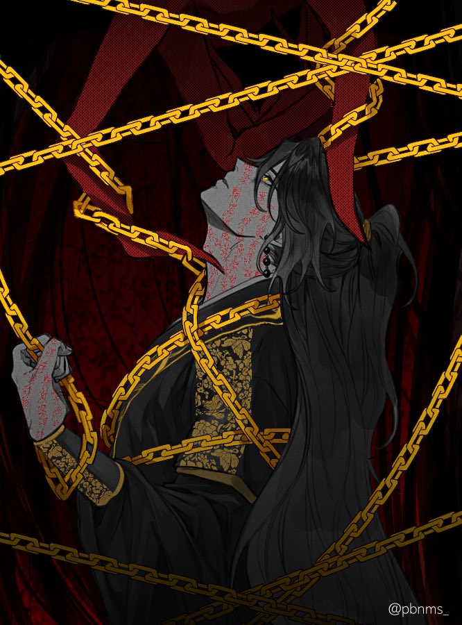 1boy, adam's_apple, black_hair, black_hanbok, body_writing, chain, chinese_clothes, clenched_hand