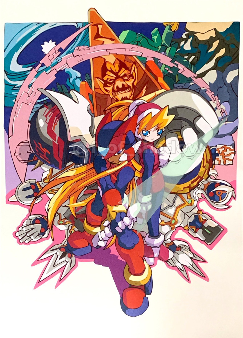 1girl, 6+boys, android, armor, black_bodysuit, black_eyes, blazin'_flizard_(mega_man), blonde_hair, blue_eyes, bodysuit, bodysuit_under_clothes, childre_inarabitta_(mega_man), ciel_(mega_man), cubit_foxtar_(mega_man), deathtanz_mantisk_(mega_man), digital_dissolve, dr._weil_(mega_man), energy_sword, f_of_shadow, full_body, glacier_le_cactank_(mega_man), hellbat_schilt_(mega_man), helmet, high_ponytail, highres, holding, holding_sword, holding_weapon, long_hair, looking_at_viewer, machinery, mega_man_(series), mega_man_zero_(series), mega_man_zero_3, monster, multiple_boys, official_art, omega_(mega_man), paper_cutout_(medium), papercraft_(medium), pink_shirt, pink_skirt, ponytail, power_armor, red_armor, red_helmet, see-through_clothes, shirt, skirt, spikes, standing, sword, transparent, tretista_kelverian_(mega_man), twitter_username, unconventional_media, volteel_biblio_(mega_man), watermark, weapon, z_saber, zero(z)_(mega_man), zero_(mega_man)