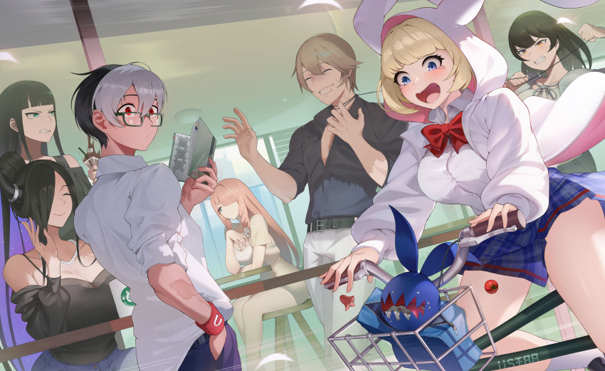 2boys, 4girls, absurdres, angry, animal_ear_hood, animal_ears, bag, belt