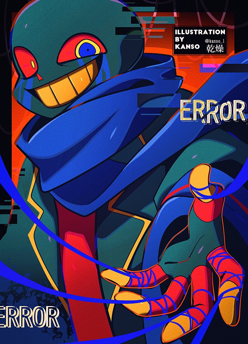 1boy, absurdres, alternate_universe, artist_name, black_border, black_skin, blue_eyes, blue_scarf