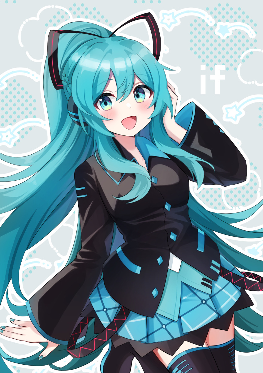 1girl, absurdres, aqua_collar, aqua_eyes, aqua_hair, aqua_nails, aqua_skirt, black_shirt