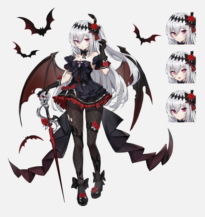 1girl, absurdres, ac8231, bat_(animal), bat_wings, black_bow, black_bowtie, black_footwear, black_gloves, bow, bowtie, reference_sheet, closed_mouth, dress, multiple_expressions, feather_hair_ornament, feathers, fishnet_pantyhose, fishnets, flower, frilled_dress, frills, gloves, hair_flower, hair_ornament, highres, mare_(ac8231), open_mouth, original, pantyhose, red_eyes, red_flower, red_rose, rose, skull, weapon, white_background, wings