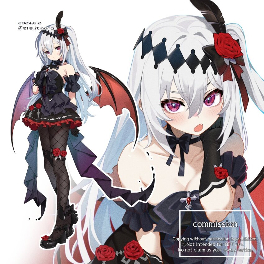 1girl, bat_wings, black_bow, black_bowtie, black_dress, bow, bowtie, commission