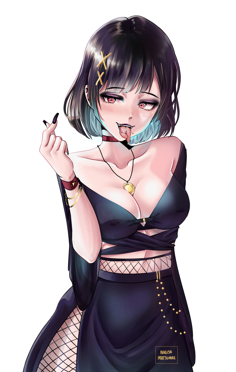 1girl, commission, fishnet_pantyhose, fishnet_thighhighs, fishnets, forked_tongue, highres, nagisamatsumae