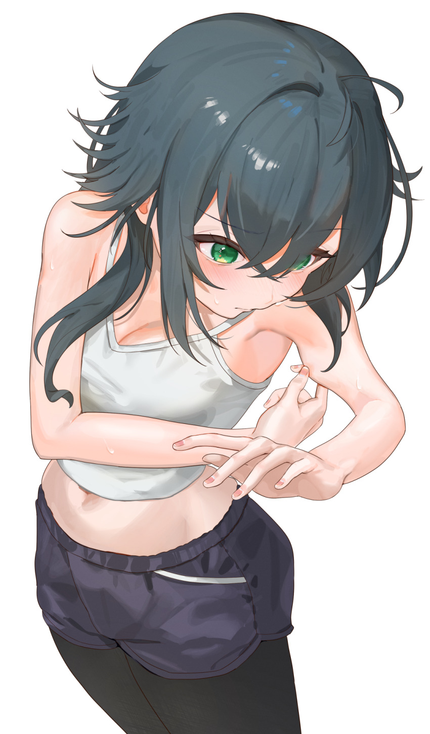 1girl, arm_pinching, bare_arms, black_leggings, black_shorts, camisole, commentary_request, crop_top