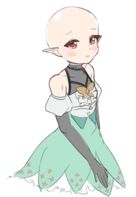 1girl, alternate_hairstyle, bald, bald_female, black_gloves, commentary, elbow_gloves, english_commentary