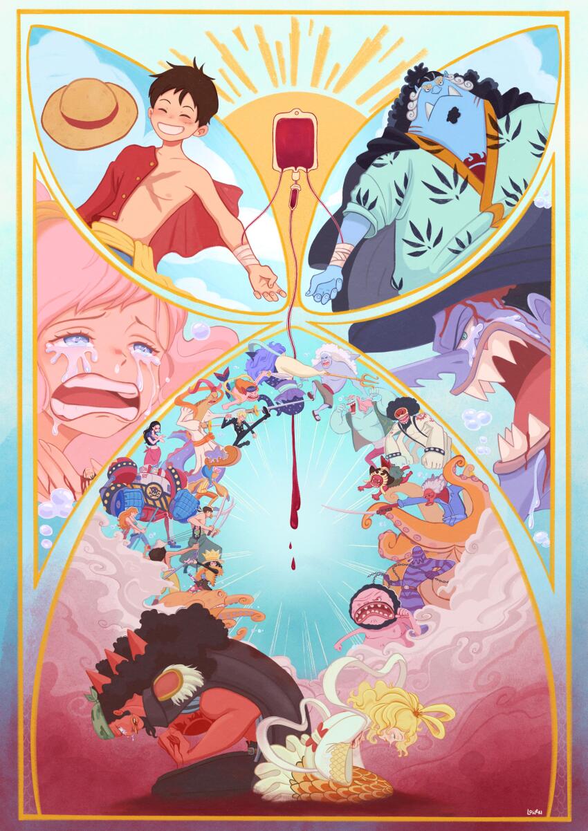 4girls, 6+boys, ^_^, absurdres, afro, arlong, bandages, bandana