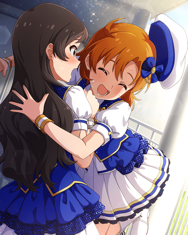 2girls, blush, boots, brown_eyes, brown_hair, card_(medium), closed_eyes, grateful_blue_(idolmaster)