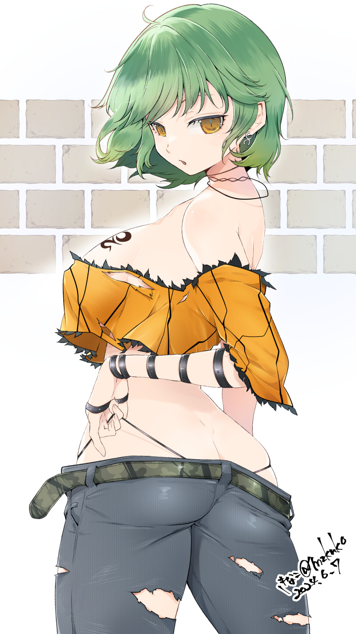 1girl, adjusting_clothes, adjusting_panties, armlet, artist_name, ass, belt, black_panties, bracelet, breast_tattoo, breasts, brick, butt_crack, camouflage_belt, choker, commentary_request, crop_top, dated, denim, earrings, green_hair, highres, hikage_(senran_kagura), jeans, jewelry, kinako_(mzknk0), large_breasts, looking_at_viewer, medium_hair, open_mouth, orange_shirt, panties, pants, senran_kagura, shirt, slit_pupils, solo, tattoo, thong, torn_clothes, torn_jeans, torn_pants, torn_shirt, twitter_username, underwear, white_background, yellow_eyes