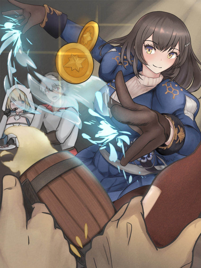 2girls, 3boys, absurdres, alcohol, beer, beer_mug, black_hair, blonde_hair, blue_dress, blue_eyes, breasts, brown_dust_(series), brown_dust_2, brown_eyes, brown_gloves, brown_hair, chest_armor, cloak, closed_mouth, coin, cup, dress, eating, finalfan100, gloves, gold_coin, hair_between_eyes, hair_ornament, hairclip, highres, holding, holding_skewer, hood, hooded_cloak, hydrokinesis, light_blush, long_hair, looking_at_viewer, medium_breasts, mug, multicolored_hair, multiple_boys, multiple_girls, open_mouth, out_of_frame, plate, scheherazade_(brown_dust), scheherazade_(the_lapis_witch)_(brown_dust), shirt, short_hair, sitting, skewer, smile, sweater, tavern, throwing, turtleneck, turtleneck_sweater, two-tone_hair, water, white_cloak, white_hair, white_shirt, white_sweater