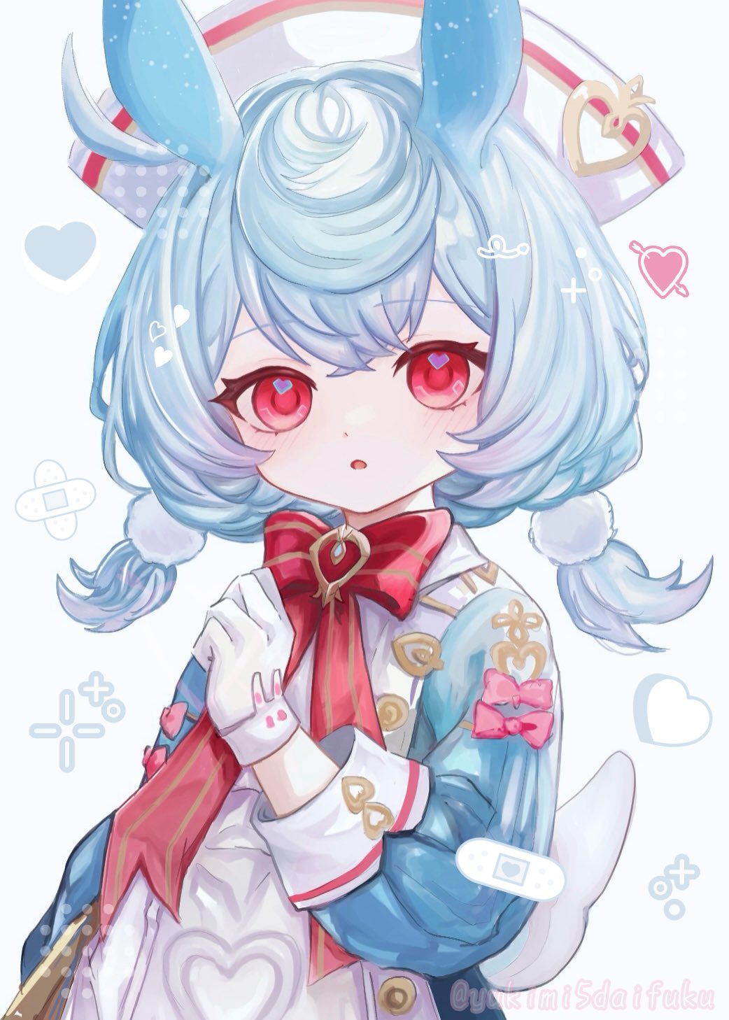 1girl, :o, animal_ears, apron, aqua_shirt, arrow_through_heart, artist_name, bandaid, blush, bow, bowtie, brooch, commentary_request, crossed_bangs, eyelashes, genshin_impact, gloves, gradient_hair, hair_between_eyes, hair_ornament, hand_up, hat, heart, heart_in_eye, highres, jewelry, long_sleeves, looking_at_viewer, low_twintails, medium_hair, multicolored_hair, nurse_cap, open_mouth, pink_bow, pom_pom_(clothes), pom_pom_hair_ornament, puffy_long_sleeves, puffy_sleeves, red_bow, red_bowtie, red_eyes, shirt, short_twintails, sidelocks, sigewinne_(genshin_impact), simple_background, sleeve_cuffs, solo, symbol_in_eye, tail, twintails, twitter_username, upper_body, white_apron, white_background, white_gloves, white_hat, yukimi5daifuku