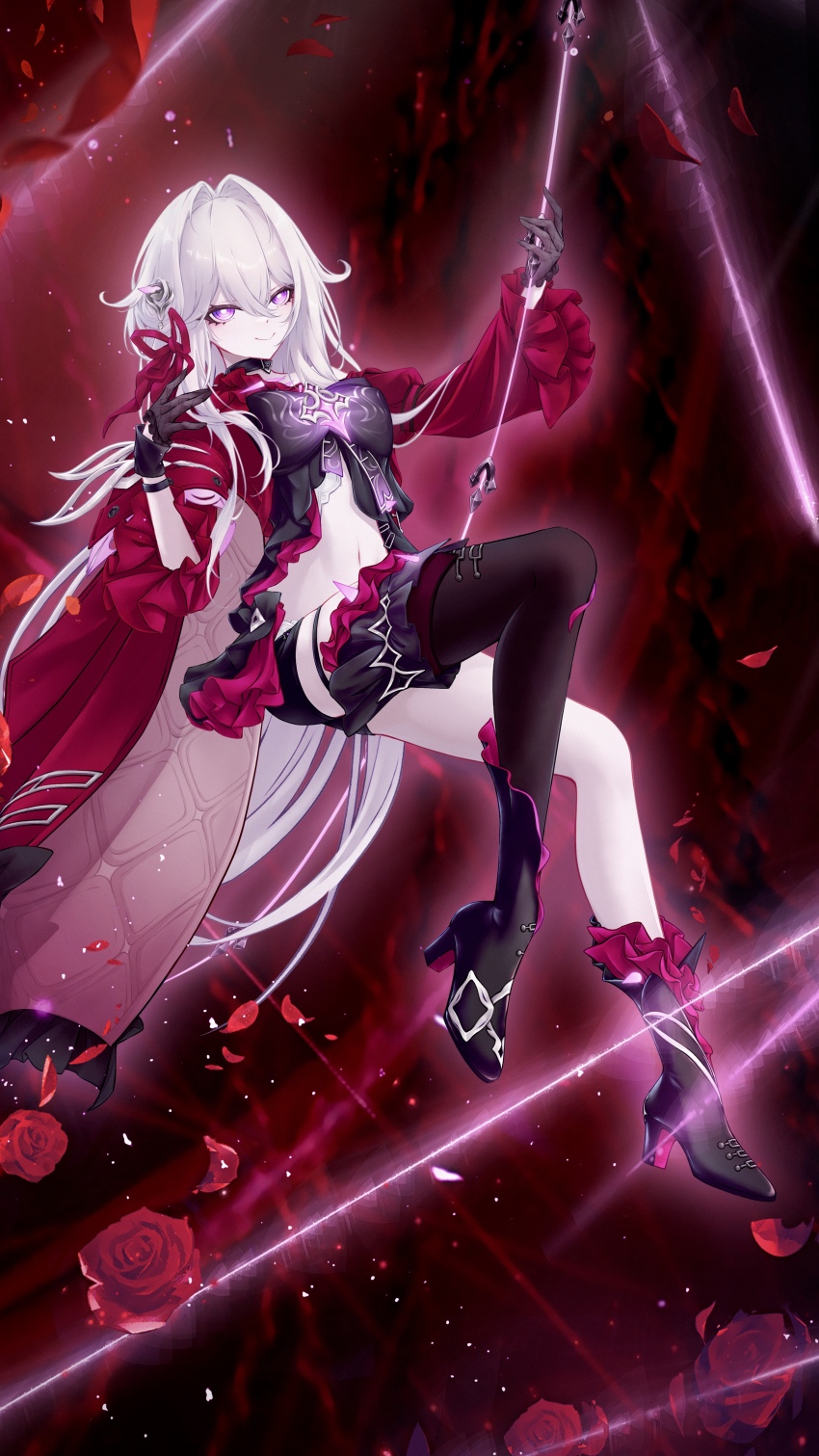 1girl, :>, absurdres, black_boots, black_bow, black_choker, black_gloves, black_shorts