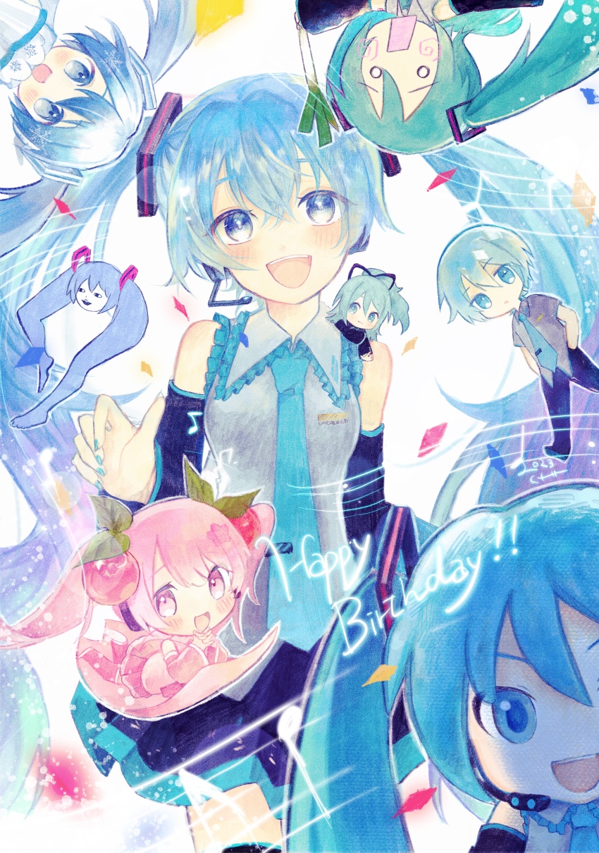 1boy, 6+girls, absurdres, aqua_eyes, aqua_hair, aqua_necktie, aqua_trim, bare_shoulders