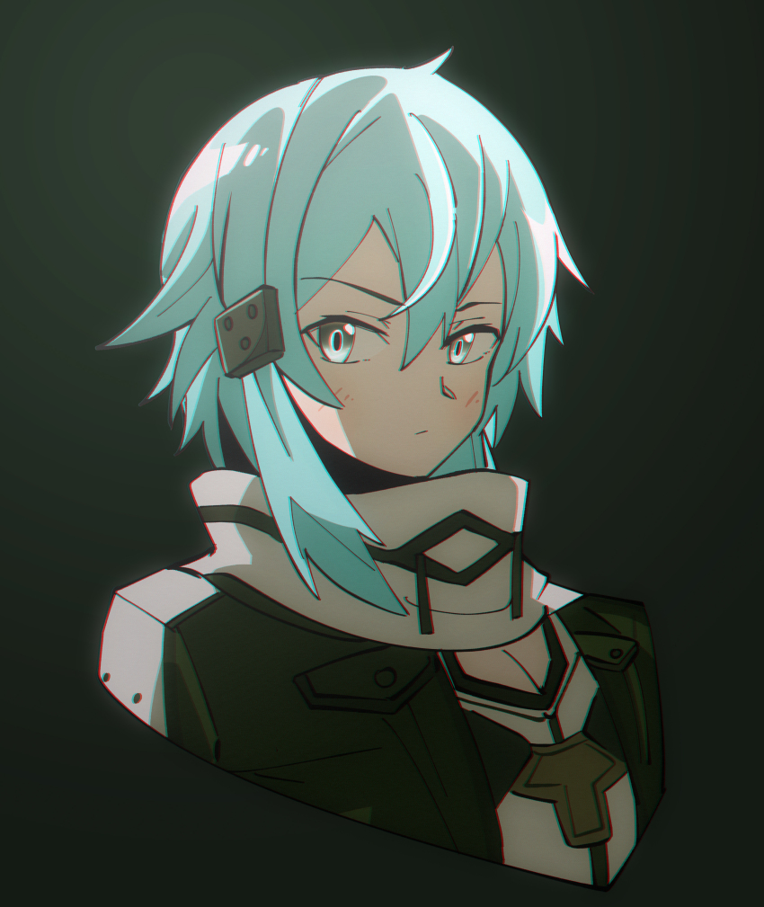 1girl, absurdres, blue_hair, breasts, cleavage, green_background, grey_eyes, hair_ornament, hairclip, highres, jacket, leotard, medium_hair, nyagurisushi, portrait, scarf, sinon, sword_art_online, sword_art_online_alternative:_gun_gale_online