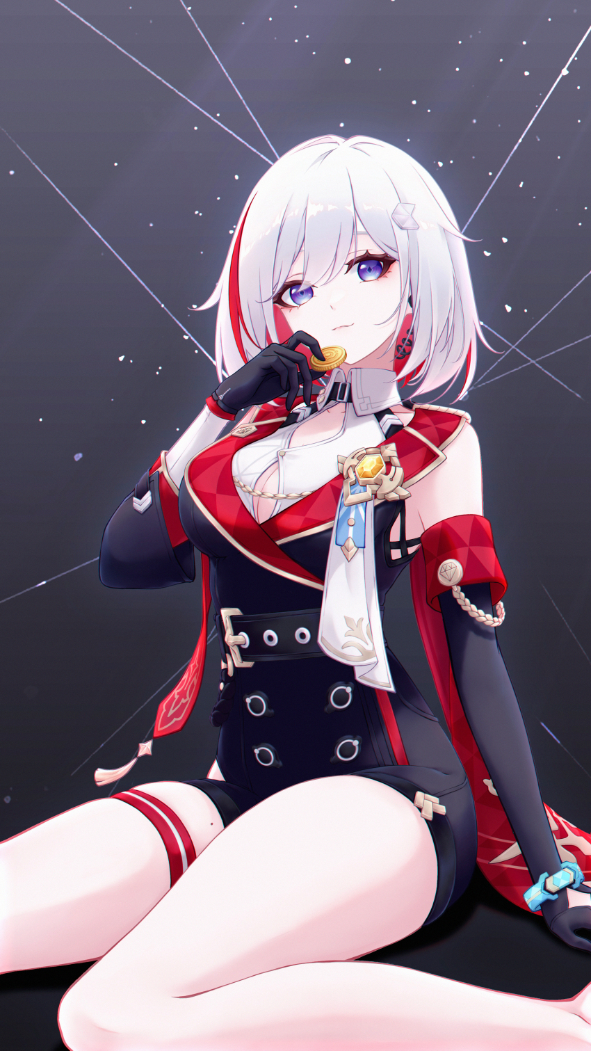 1girl, absurdres, bare_legs, belt_collar, black_bodysuit, black_gloves, blue_eyes, bodysuit, breasts, cleavage, coin, collar, collarbone, collared_shirt, colored_inner_hair, commentary, commentary_request, earpiece, elbow_gloves, english_commentary, eyeliner, feet_out_of_frame, gloves, hair_between_eyes, hair_ornament, hairclip, highres, holding, holding_coin, honkai:_star_rail, honkai_(series), large_breasts, looking_at_viewer, makeup, mixed-language_commentary, mole, mole_on_thigh, multicolored_hair, red_eyeliner, red_hair, rika_mayuzumi, shirt, short_hair, single_elbow_glove, single_sleeve, sitting, smile, solo, streaked_hair, thigh_strap, topaz_(honkai:_star_rail), wariza, white_hair, white_shirt, white_sleeves