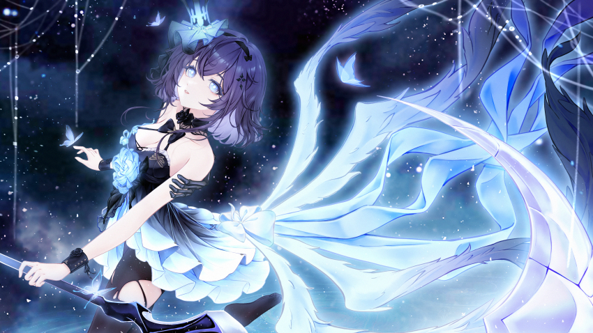 1girl, absurdres, bare_shoulders, black_choker, black_dress, black_flower, black_hairband, black_pantyhose