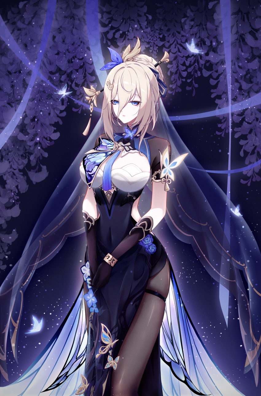 1girl, absurdres, aponia_(butterfly_dreams), aponia, black_dress, black_gloves, black_shrug, blonde_hair