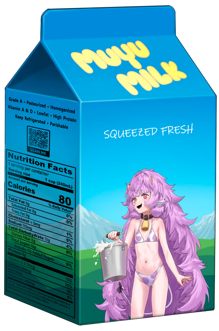 1girl, :d, absurdres, agemmata, animal_collar, animal_ears, animal_print, bell, bikini, blunt_bangs, bucket, collar, cow_ears, cow_girl, cow_horns, cow_print, cow_tail, cowbell, cropped_legs, drink_carton, fang, flat_chest, highres, holding, holding_bucket, horns, long_hair, looking_at_viewer, messy_hair, milk, milk_carton, mole, mole_on_thigh, mole_under_mouth, muu_muyu, navel, nutrition_facts, open_mouth, phase_connect, pink_eyes, purple_hair, self-upload, sidelocks, skin_fang, smile, swimsuit, tail, very_long_hair, virtual_youtuber