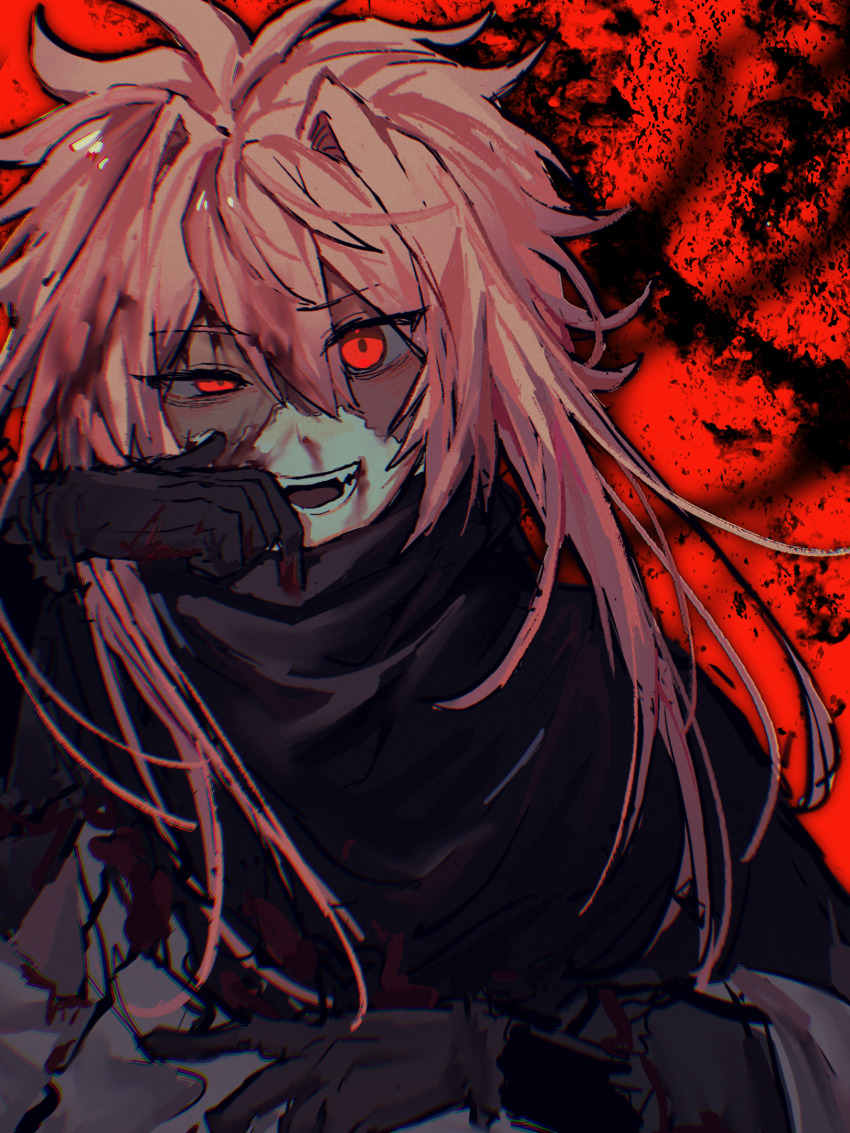 1boy, black_capelet, black_gloves, blood, blood_on_clothes, blood_on_face, capelet, chromatic_aberration