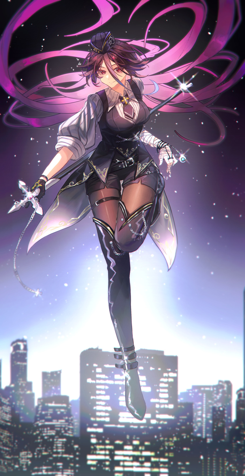 1girl, absurdres, ankle_belt, bandaged_arm, bandaged_fingers, bandaged_hand, bandages, belt