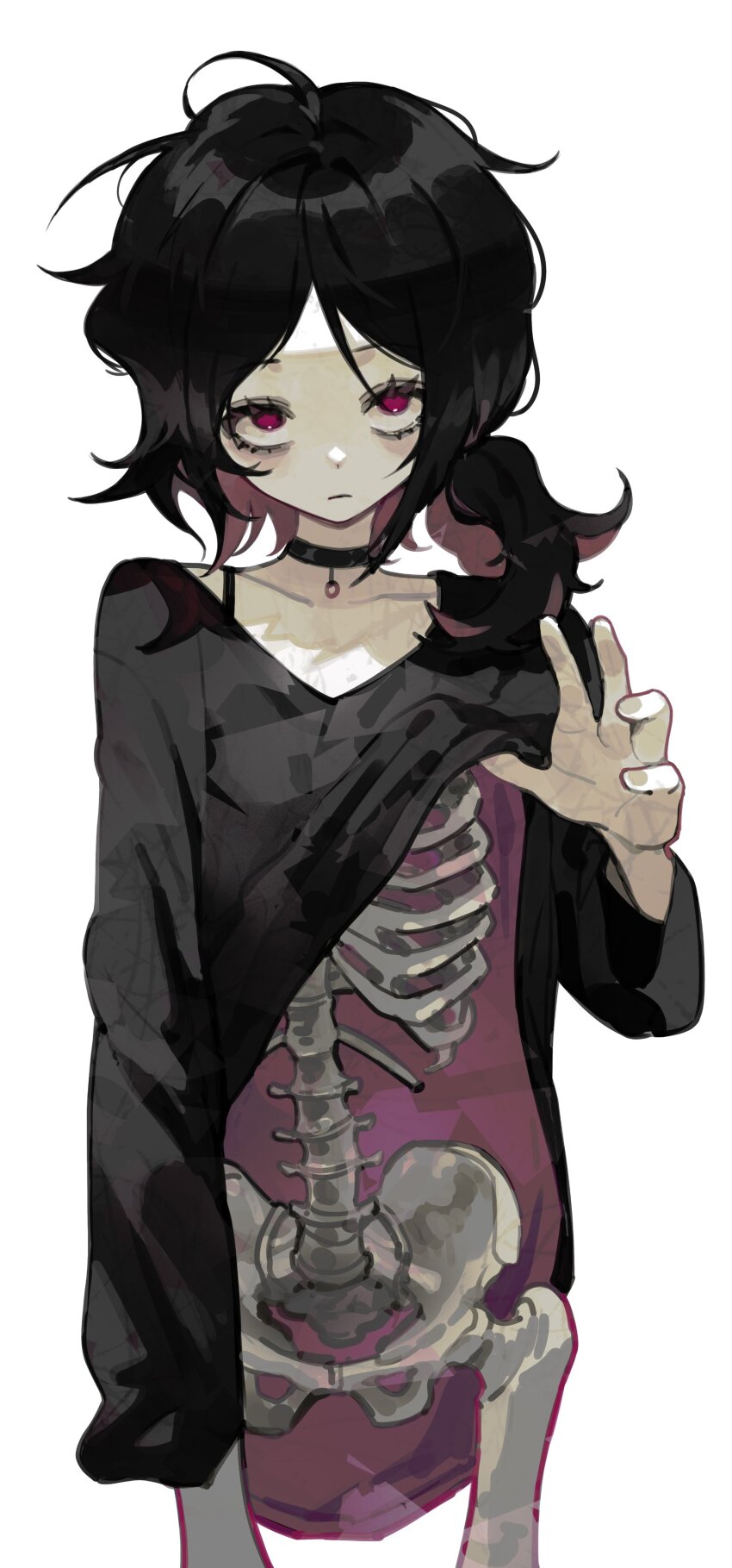 1girl, absurdres, ashley_graves, black_choker, black_hair, bone, choker, closed_mouth, collarbone, commentary, english_commentary, highres, k_hottok, long_sleeves, messy_hair, red_eyes, shirt, simple_background, solo, the_coffin_of_andy_and_leyley, white_background