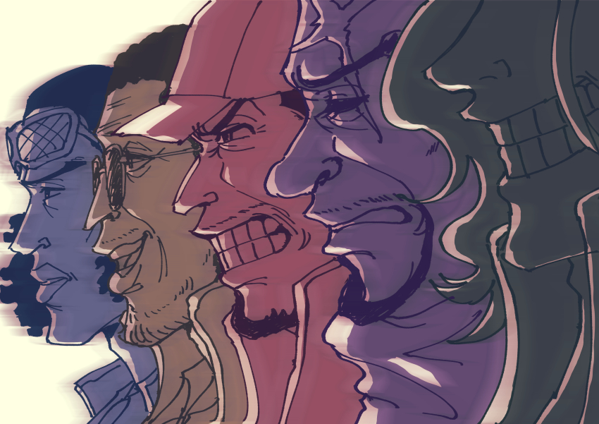 5boys, absurdres, aokiji_(one_piece), baseball_cap, beard, black_hair, clenched_teeth, commentary_request