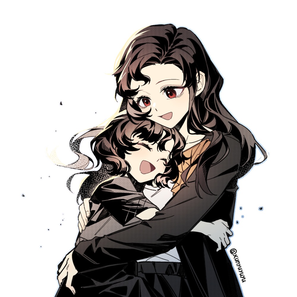 :d, ^_^, aged_down, black_hair, black_jacket, closed_eyes, curly_hair, hug