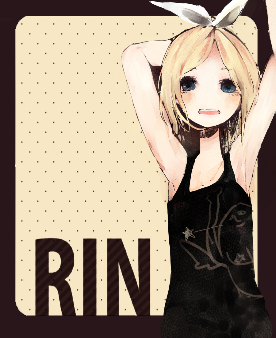 1girl, armpits, arms_up, bad_id, bad_pixiv_id, blonde_hair, blue_eyes, female_focus, hair_ribbon, kagamine_rin, muku-no, open_mouth, ribbon, saba_(asoi), short_hair, solo, vocaloid