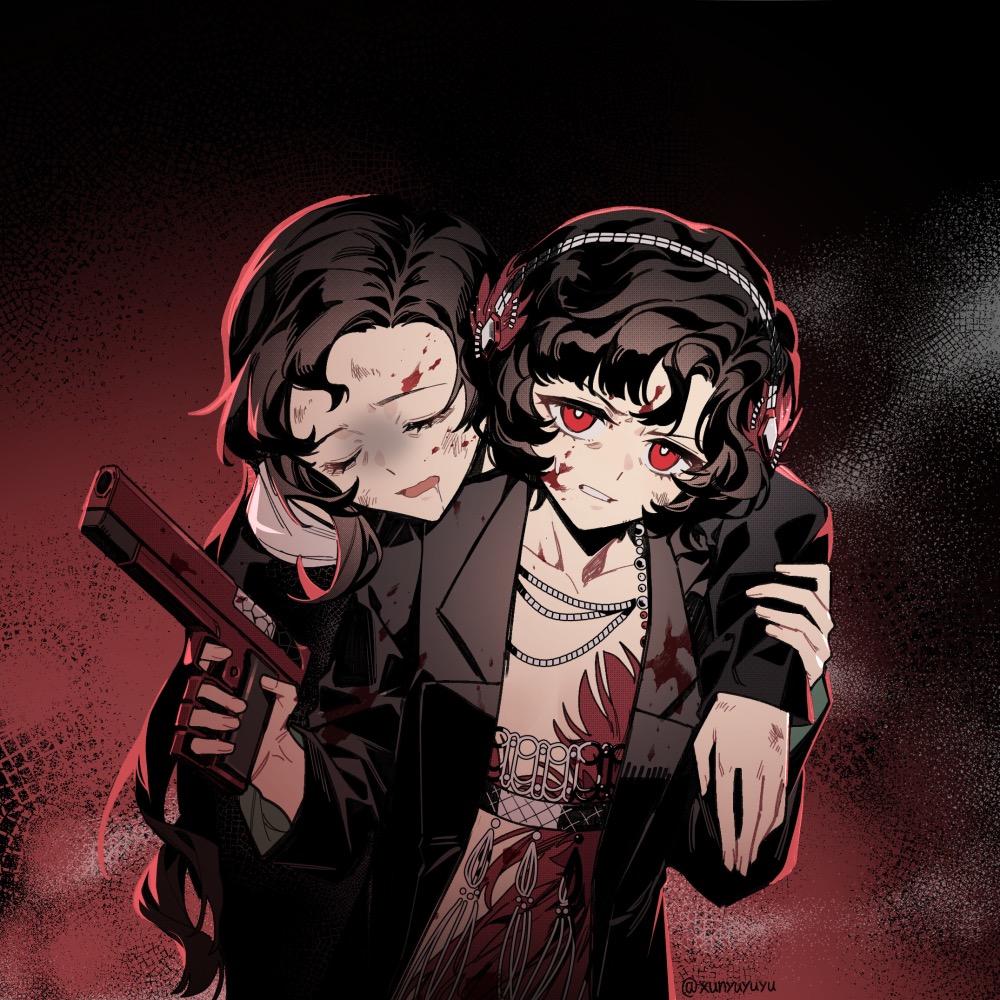black_background, black_coat, black_hair, blood, blood_on_face, bright_pupils, carrying, carrying_person