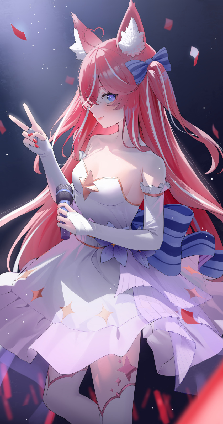 1girl, absurdres, ahoge, animal_ear_fluff, back_bow, bare_shoulders, blue_bow, bow