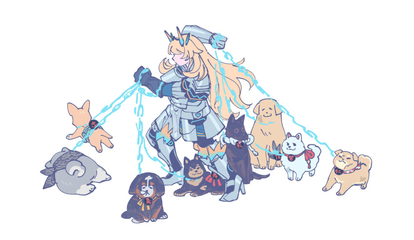 1girl, animal, armor, baby_animal, barghest_(fate), barghest_(first_ascension)_(fate), bernese_mountain_dog, blonde_hair