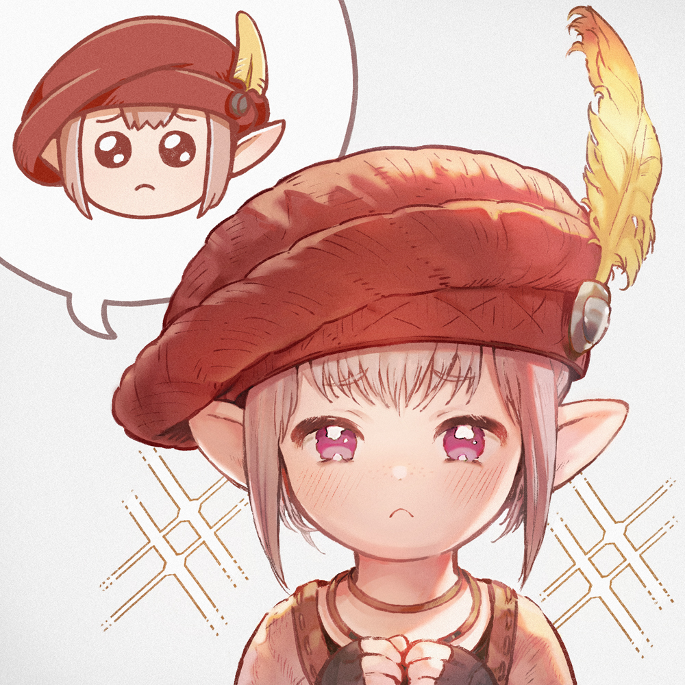1girl, :<, beret, final_fantasy, final_fantasy_xiv, fingerless_gloves, frown, gloves, hat, hat_feather, jewelry, lalafell, light_blush, mugi_kosuta, multiple_necklaces, necklace, pink_hair, pleading_eyes, pointy_ears, solo, speech_bubble, spoken_character, tataru_taru, upper_body