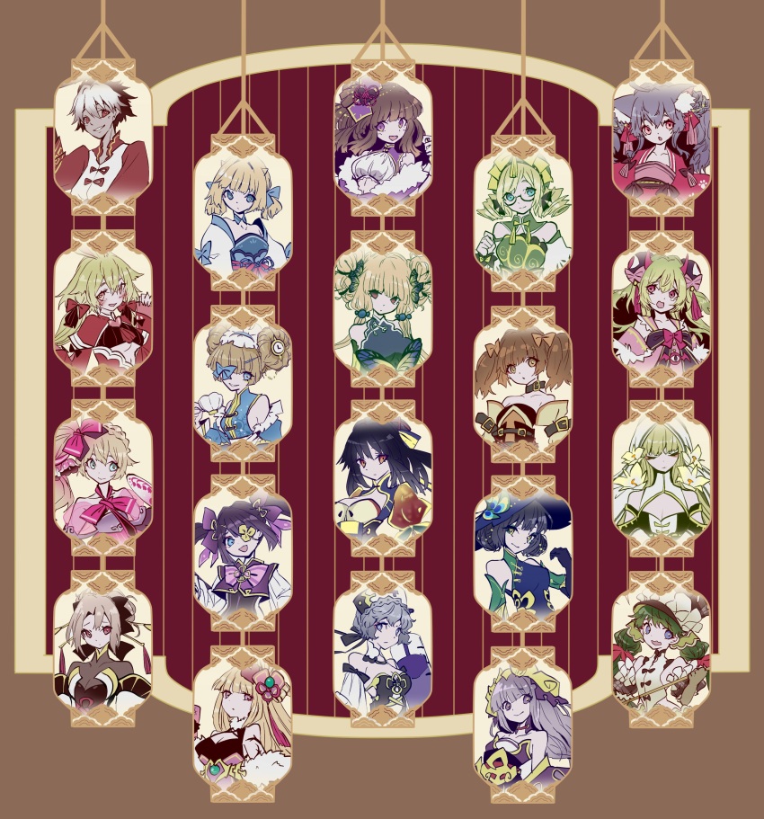 1boy, 6+girls, absurdres, anastasia_(brown_dust), angelica_(brown_dust), animal_ear_fluff, animal_ears, arines_(brown_dust), armpits, black_hair, blonde_hair, blue_hat, blush, breasts, brown_dust_(series), brown_dust_2, brown_hair, capelet, cat_ears, charm_(object), china_dress, chinese_clothes, cleavage, closed_mouth, cropped_torso, demon_horns, detached_sleeves, double_bun, dress, drill_hair, eleaneer_(brown_dust), eyepatch, glacia_(brown_dust), green_hair, grey_hair, hair_between_eyes, hair_bobbles, hair_bun, hair_ornament, hairband, hand_fan, hat, helena_(brown_dust), highres, holding, holding_fan, horns, julie_(brown_dust), juliet_sleeves, justia_(brown_dust), large_breasts, large_hat, lathel_(brown_dust), layla_(brown_dust), lecliss_(brown_dust), liatris_(brown_dust), long_sleeves, lydia_(brown_dust), medium_breasts, multiple_girls, open_mouth, ponytail, puffy_sleeves, purple_capelet, purple_hair, rigenette_(brown_dust), rou_(brown_dust), samay_(brown_dust), scheherazade_(brown_dust), seir_(brown_dust), short_twintails, sleeveless, sleeveless_dress, small_breasts, small_horns, smile, strapless, strapless_dress, teresse_(brown_dust), tn_scallion, twin_drills, twintails, ventana_(brown_dust)