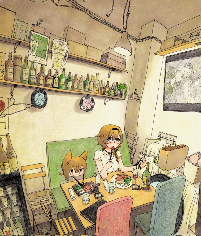 2girls, alcohol, alternate_costume, animal, bag, black_hairband, bottle, braid