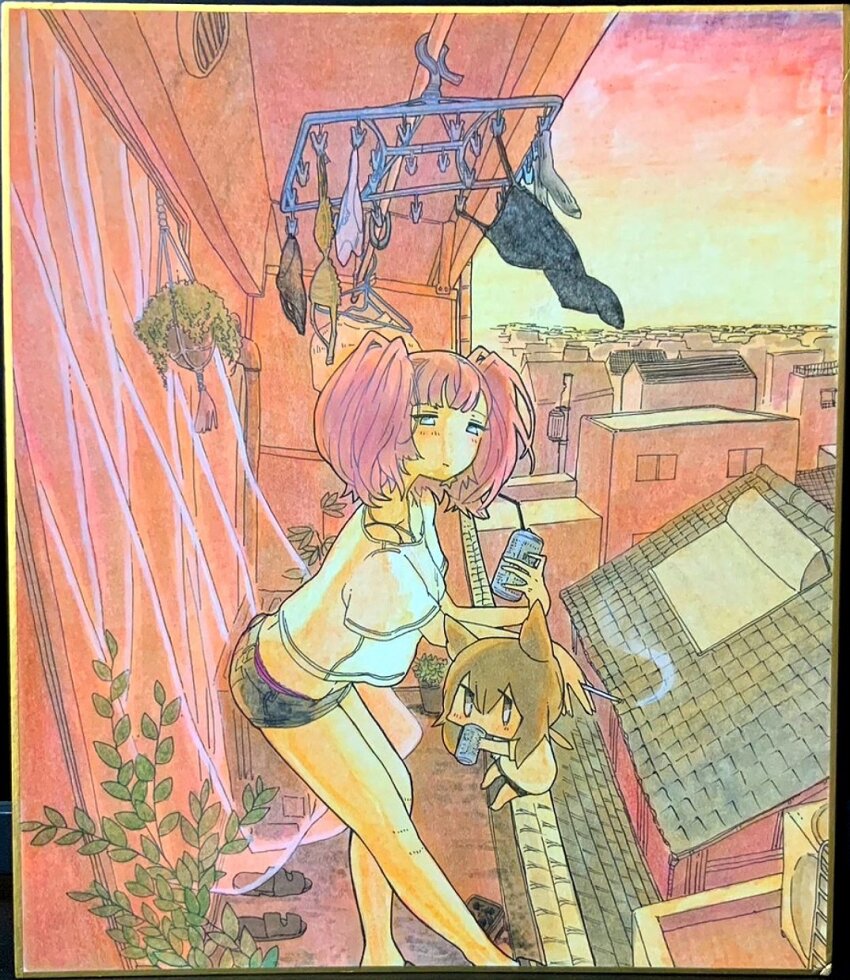 2girls, alternate_costume, atlanta_(kancolle), balcony, brown_hair, building, can, cb839