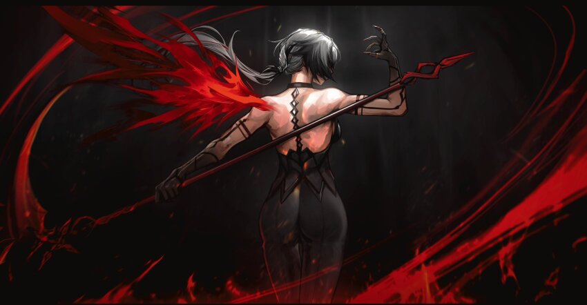 1girl, arlecchino_(genshin_impact), back, bare_shoulders, deka_yo, energy_wings, fingernails, from_behind