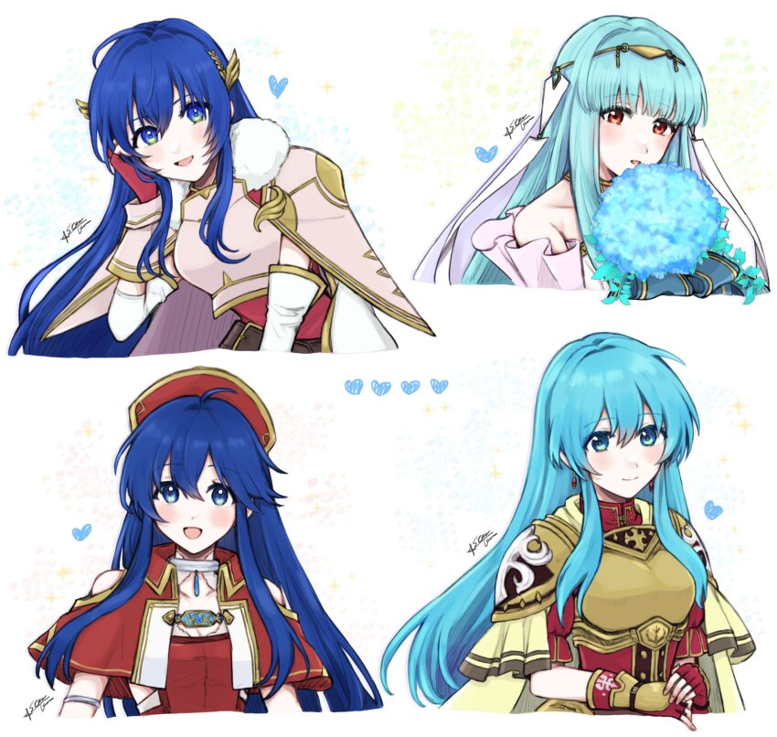 4girls, :d, aqua_hair, armor, bare_shoulders, blue_eyes, blue_hair, blue_theme