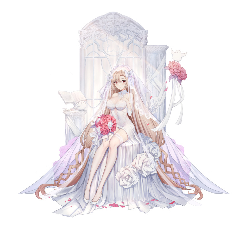 1girl, 2others, alternate_costume, alternate_hairstyle, artist_request, beak, bird, bird_tail, bird_wings, book, book_stand, bouquet, breasts, bridal_veil, cleavage, collar, covered_navel, dress, elizabeth_(final_gear), feathers, final_gear, flower, flying, full_body, hand_on_own_chest, highres, holding, holding_bouquet, holding_flower, holding_with_feet, jewelry, lace-trimmed_veil, lace_trim, leaf, long_hair, low-tied_long_hair, multiple_others, official_alternate_costume, official_alternate_hairstyle, official_art, petals, pillar, pink_flower, pink_petals, pink_rose, red_eyes, ribbon, ring, rose, see-through_cleavage, see-through_clothes, see-through_thighhighs, see-through_veil, simple_background, skin_tight, solo_focus, tachi-e, tail, thighhighs, third-party_source, transparent_background, twintails, veil, wedding, wedding_dress, white_bird, white_collar, white_dress, white_feathers, white_flower, white_ribbon, white_rose, white_thighhighs, white_veil, wings