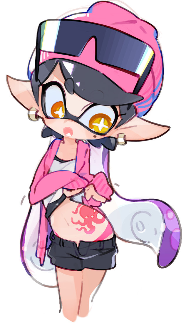 1girl, amiami, beanie, black_hair, callie_(agent_1_casual)_(splatoon), callie_(splatoon), clothes_lift, commentary_request