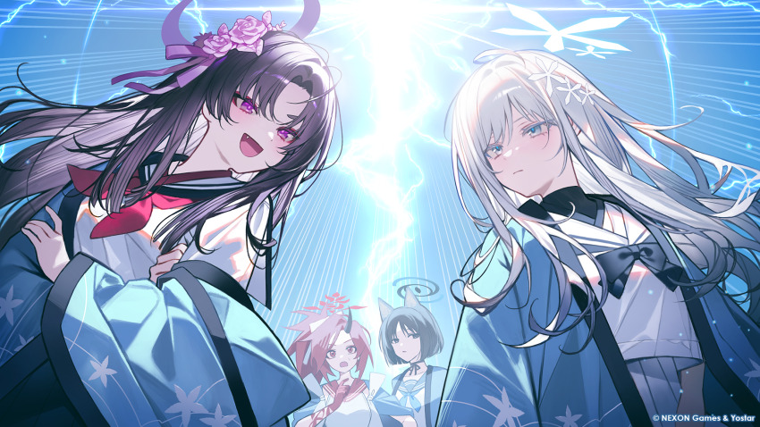 4girls, animal_ears, black_eyes, black_hair, black_horns, black_sailor_collar, blue_archive, blue_halo