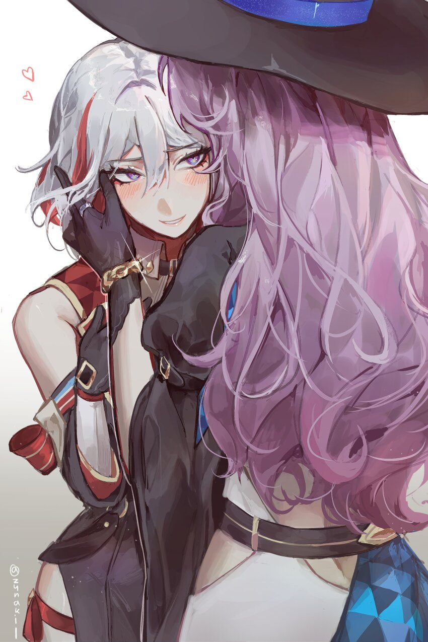 2girls, absurdres, back, bare_shoulders, belt, black_gloves, clothing_cutout, detached_sleeves, from_behind, gloves, hand_on_another's_face, hat, heart, highres, honkai:_star_rail, honkai_(series), jade_(honkai:_star_rail), jewelry, long_hair, looking_at_another, multicolored_hair, multiple_girls, pink_hair, short_hair, standing, streaked_hair, topaz_(honkai:_star_rail), white_hair, yuri, zun_(zunaki)