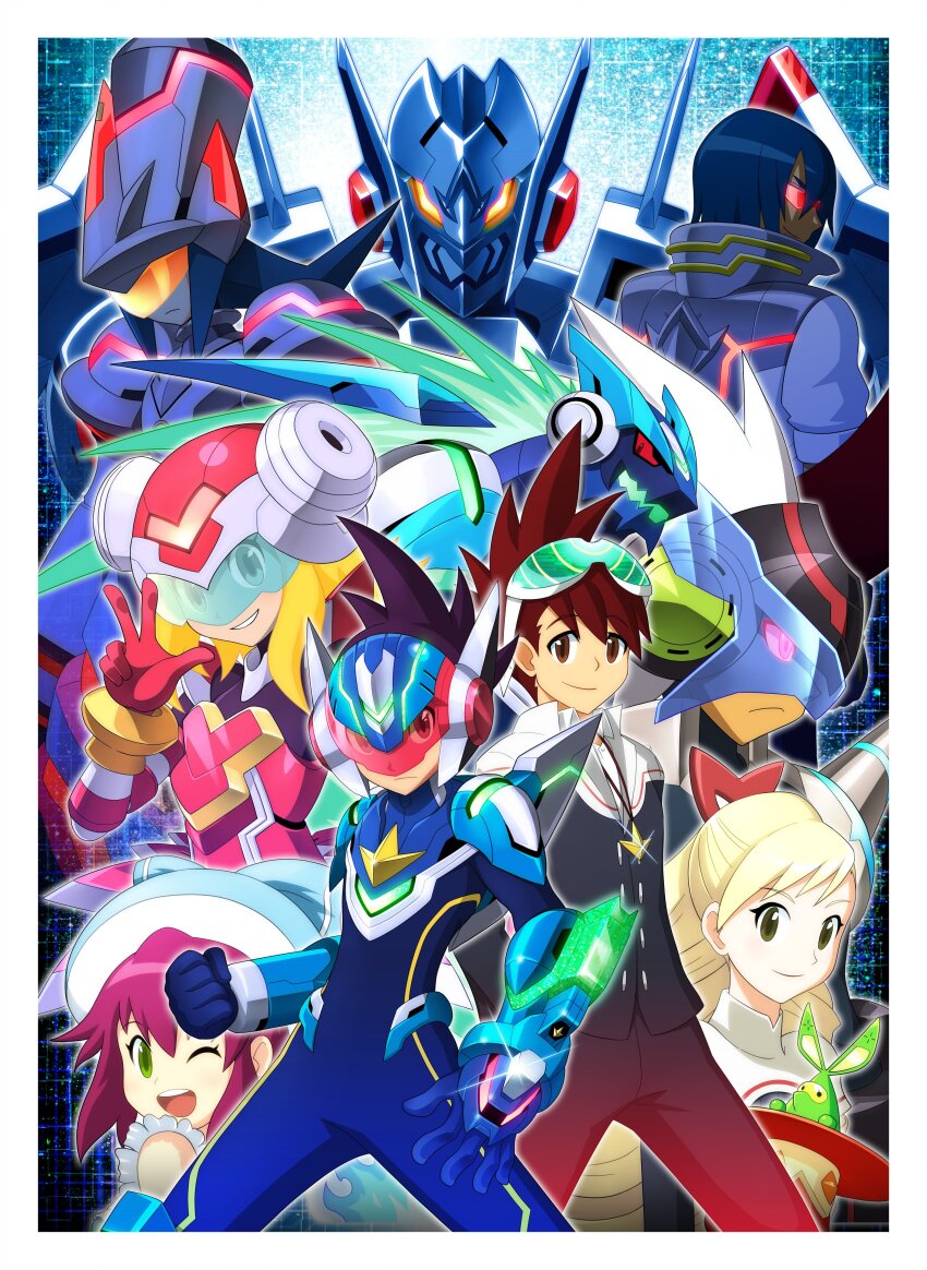 3boys, a.c._eos_(mega_man), absurdres, acid_ace_(mega_man), aged_up, blonde_hair, blue_hair, border