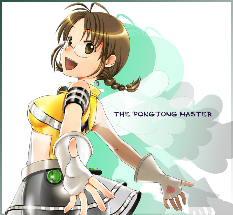 1girl, ;d, akizuki_ritsuko, antenna_hair, breasts, brown_eyes, brown_hair, cosmic_&amp;_funny_(idolmaster)