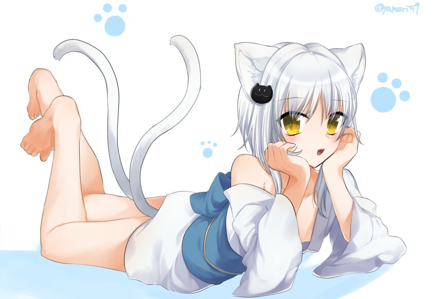 1girl, :d, animal_ears, bare_shoulders, barefoot, blue_sash, blush, breasts, cat_ears, cat_girl, cat_hair_ornament, cat_tail, collarbone, commentary, feet, feet_up, full_body, hair_ornament, hands_on_own_cheeks, hands_on_own_face, hands_up, high_school_dxd, highres, japanese_clothes, kimono, looking_at_viewer, lying, mari_(rodoney-kiara), multiple_tails, obi, on_stomach, open_mouth, paw_print, sash, short_kimono, small_breasts, smile, solo, tail, teeth, the_pose, toes, toujou_koneko, twitter_username, two_tails, upper_teeth_only, white_background, white_hair, white_kimono, wide_sleeves, yellow_eyes