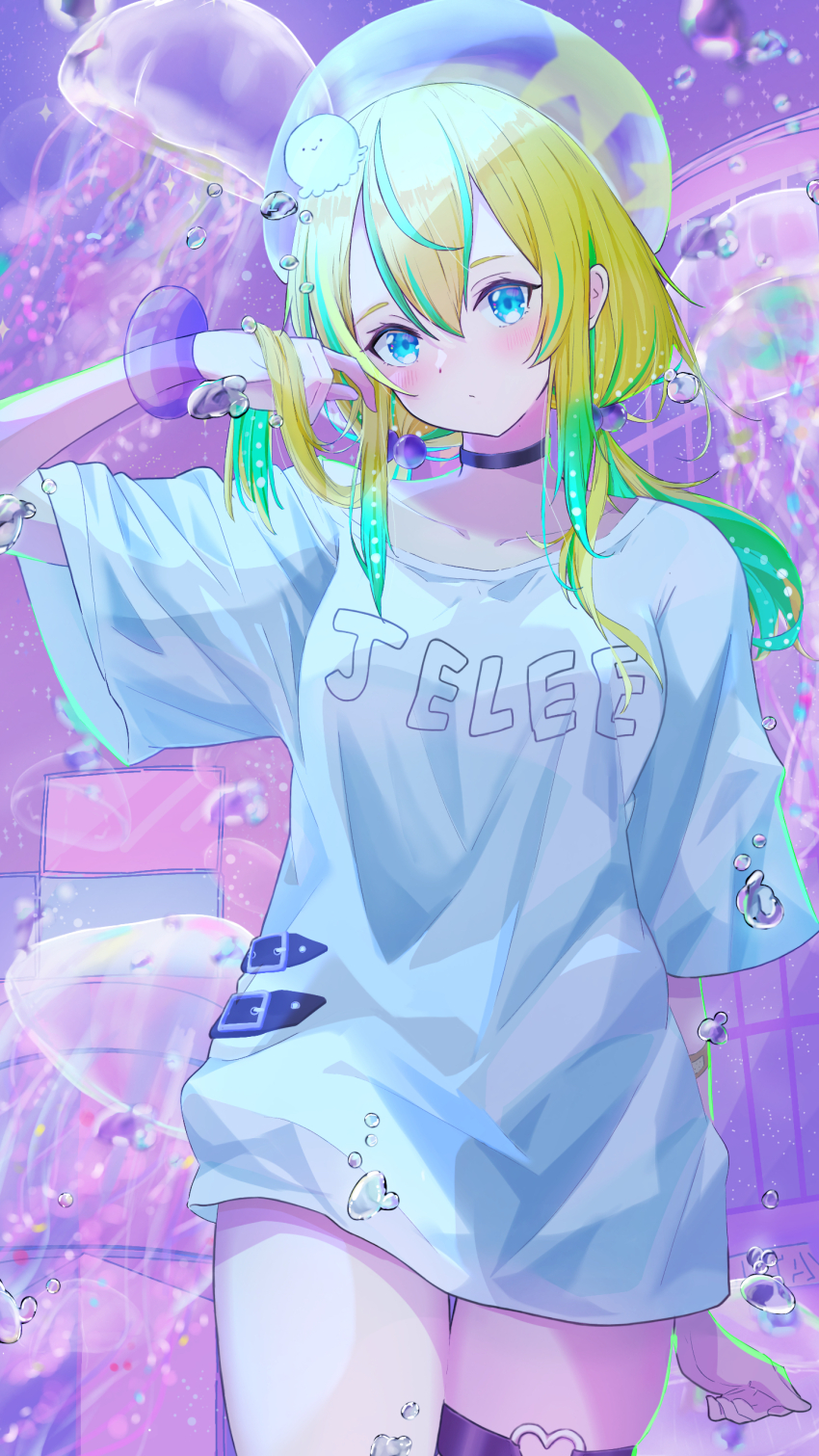 1girl, absurdres, air_bubble, black_choker, blonde_hair, blue_eyes, blush, bubble